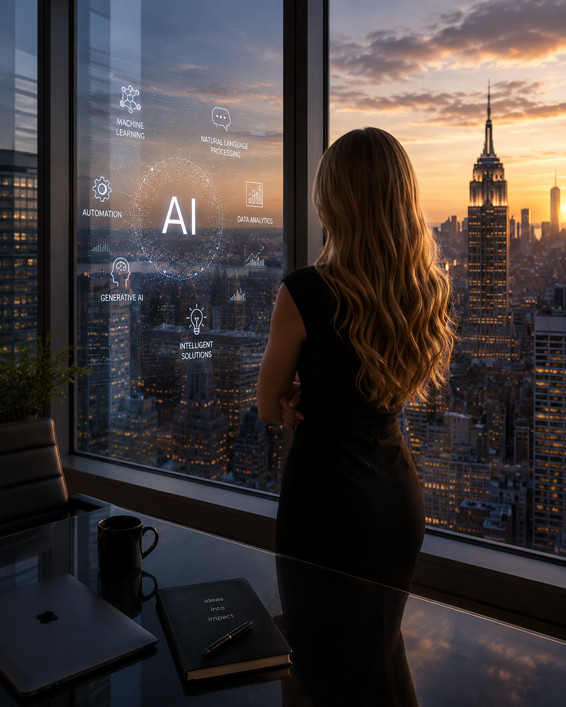 Executive considering AI strategy with a city skyline view